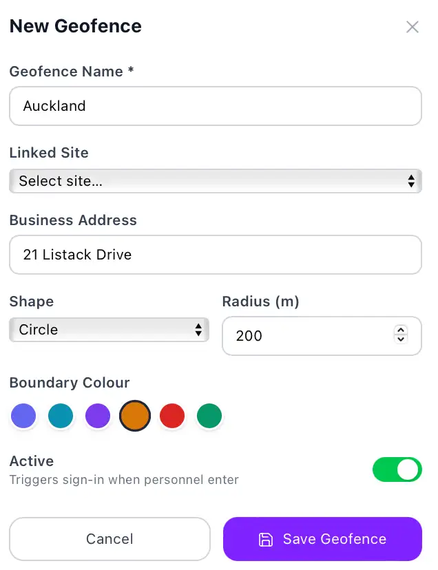 Sites and geofencing example interface