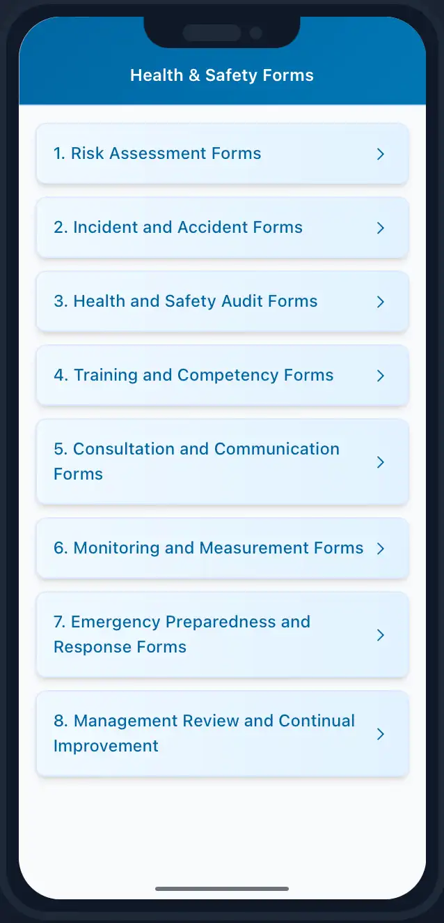 Smartphone showing electronic health and safety forms for risk assessments, incidents, audits, training, consultation, monitoring, emergency response and management review