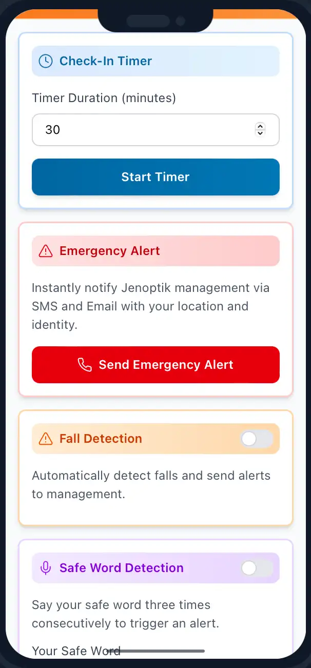 GRACE lone worker app showing the check-in timer, emergency alert, fall detection and safe word detection