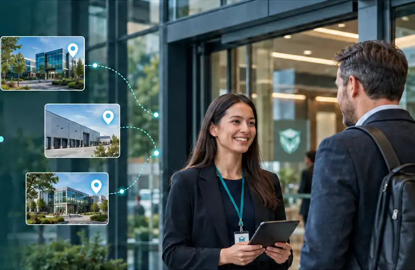 An employee welcoming a visitor, with connected views of business locations